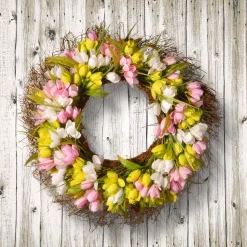 Sale 21 in. Spring Wreath with Pink, Yellow and White Tulips Wreaths