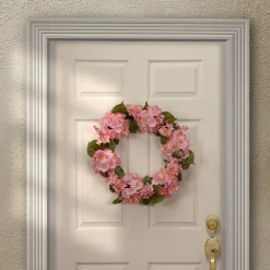 Discount 24 in. Spring Wreath with Pink Hydrangea Blooms, Berry Clusters, Leafy Greens Wreaths