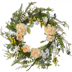 Hot 20 in. Spring Wreath with Pink and White Flower Blooms, Yellow Berry Clusters, Fern Fronds Wreaths