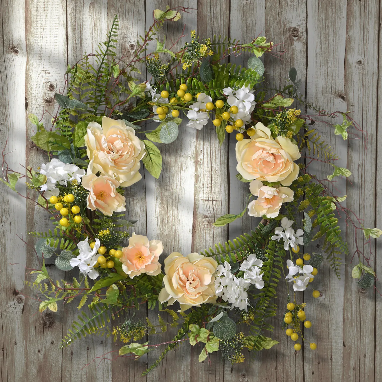 Hot 20 in. Spring Wreath with Pink and White Flower Blooms, Yellow Berry Clusters, Fern Fronds Wreaths