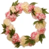New 24 in. Spring Wreath with Pink and White Peony Blooms, Leafy Greens Wreaths