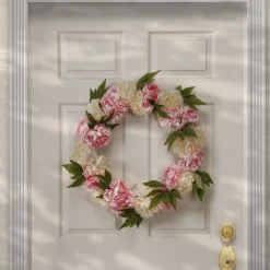 New 24 in. Spring Wreath with Pink and White Peony Blooms, Leafy Greens Wreaths