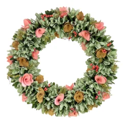 Online 18 in. Spring Wreath with Pink and Brown Assorted Wood Cut Flowers, Flowing Green Leaves Wreaths