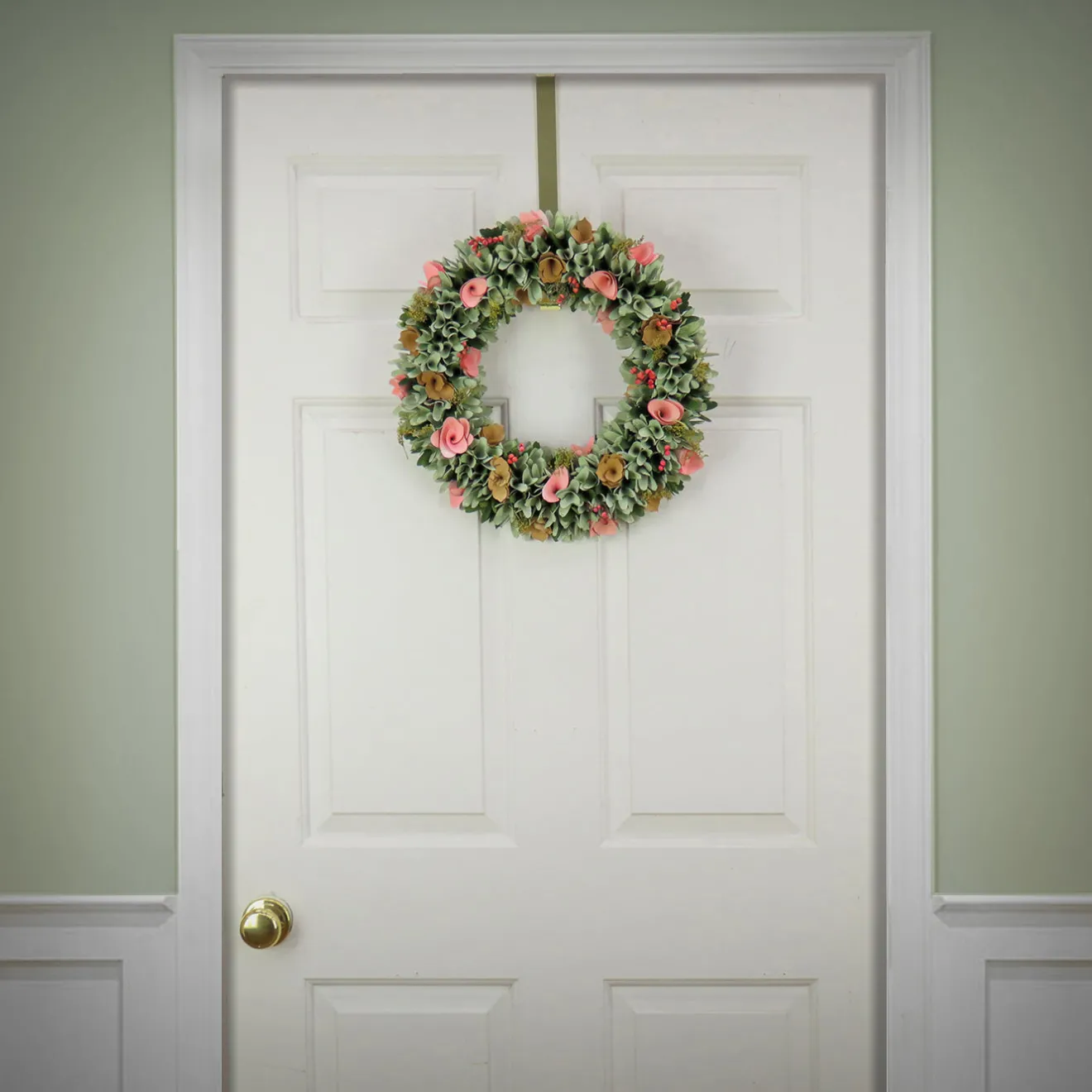 Online 18 in. Spring Wreath with Pink and Brown Assorted Wood Cut Flowers, Flowing Green Leaves Wreaths