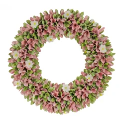 Clearance 18 in. Spring Wreath with Pink and Green Assorted Wood Cut Flowers, Flowing Green Leaves Wreaths