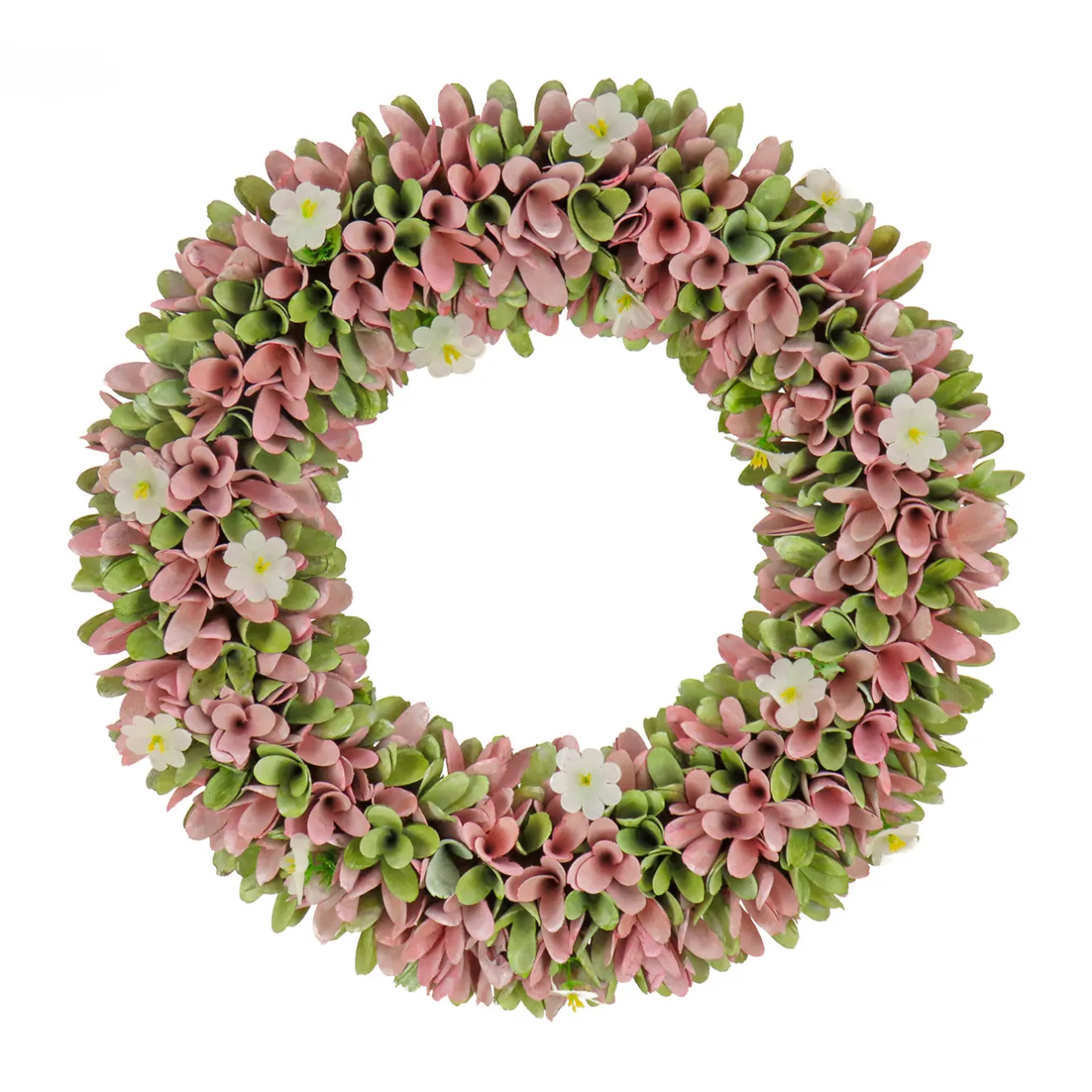 Clearance 18 in. Spring Wreath with Pink and Green Assorted Wood Cut Flowers, Flowing Green Leaves Wreaths