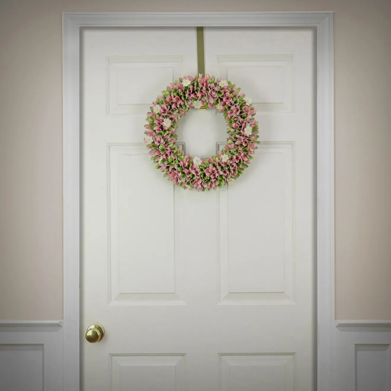 Clearance 18 in. Spring Wreath with Pink and Green Assorted Wood Cut Flowers, Flowing Green Leaves Wreaths