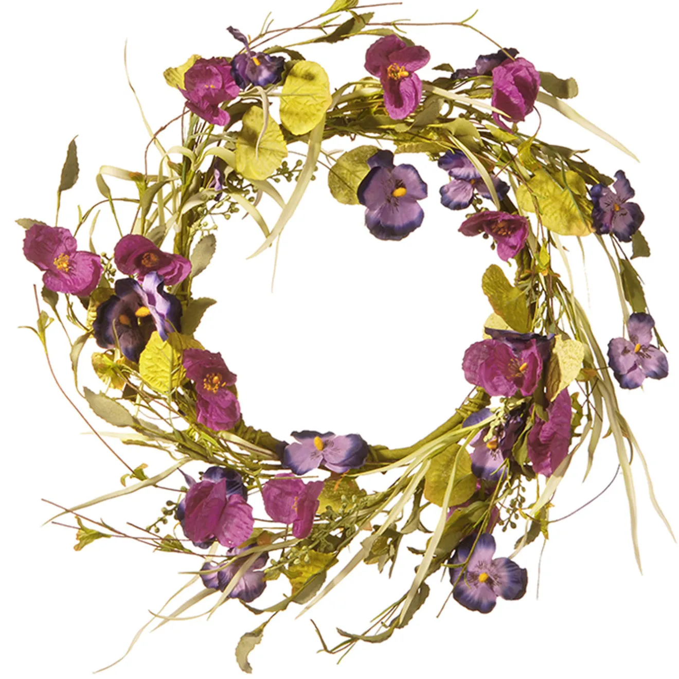 Discount 22 in. Spring Wreath with Purple Pansy and Poppy Flowers, Seed Pods, Leafy Greens Wreaths