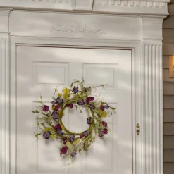 Discount 22 in. Spring Wreath with Purple Pansy and Poppy Flowers, Seed Pods, Leafy Greens Wreaths
