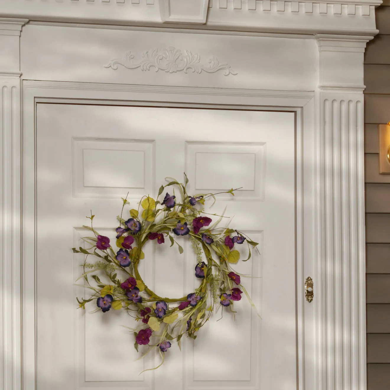 Discount 22 in. Spring Wreath with Purple Pansy and Poppy Flowers, Seed Pods, Leafy Greens Wreaths