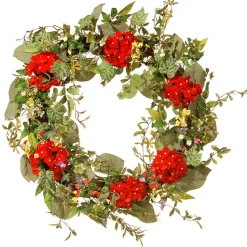 New 32 in. Spring Wreath with Red Flower Blooms, Flowing Green Stems Wreaths