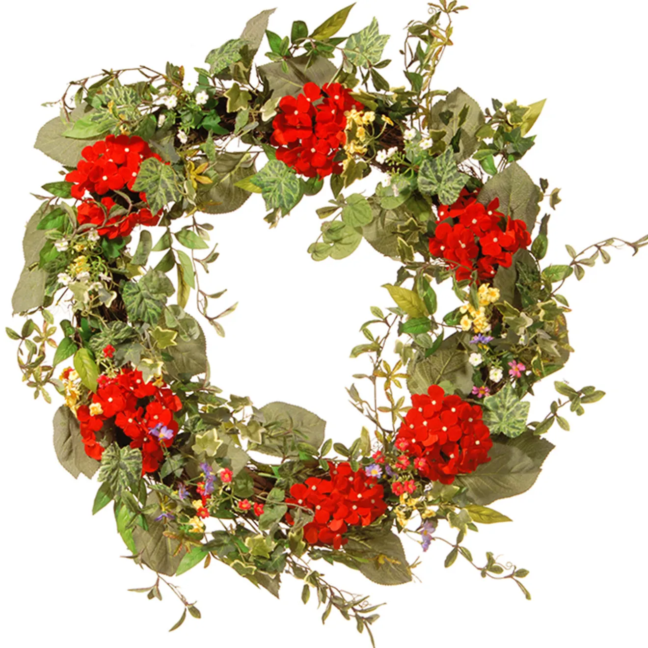 New 32 in. Spring Wreath with Red Flower Blooms, Flowing Green Stems Wreaths