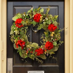 New 32 in. Spring Wreath with Red Flower Blooms, Flowing Green Stems Wreaths