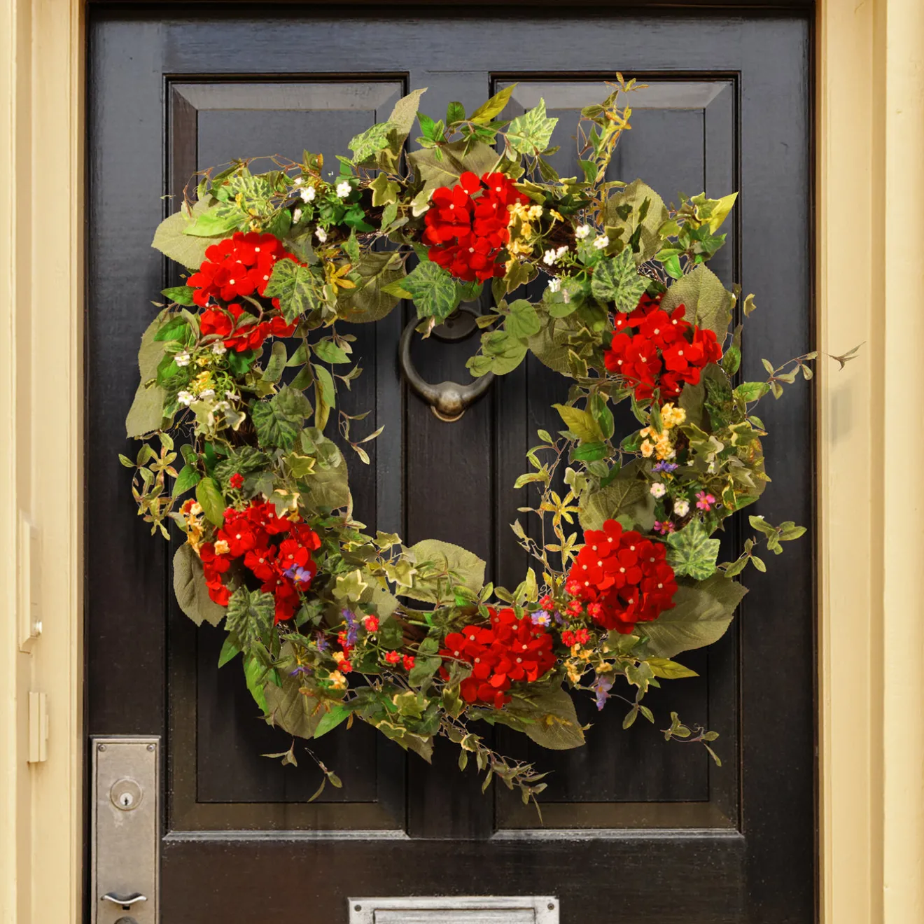 New 32 in. Spring Wreath with Red Flower Blooms, Flowing Green Stems Wreaths