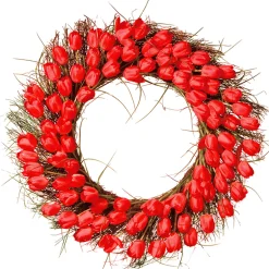 New 32 in. Spring Wreath with Red Tulip Blooms, Flowing Green Stems Wreaths