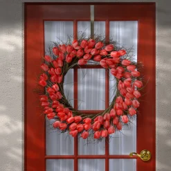 New 32 in. Spring Wreath with Red Tulip Blooms, Flowing Green Stems Wreaths