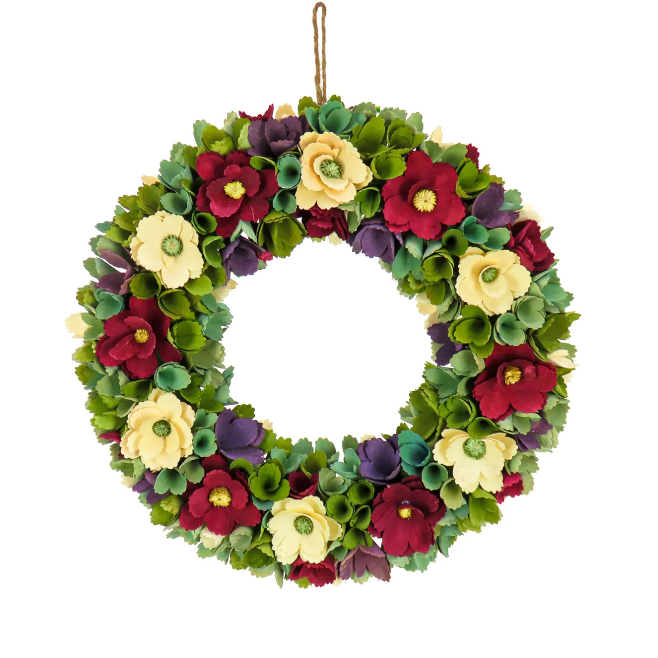 Sale 18 in. Spring Wreath with Red and Cream Assorted Wood Cut Flowers, Flowing Green Leaves Wreaths