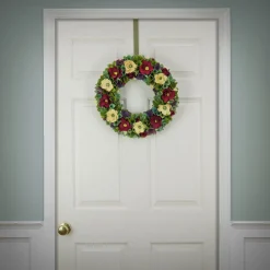 Sale 18 in. Spring Wreath with Red and Cream Assorted Wood Cut Flowers, Flowing Green Leaves Wreaths