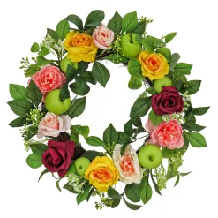 Clearance 22 in. Spring Wreath with Rose and Peony Blooms, Apples, Leafy Greens Wreaths