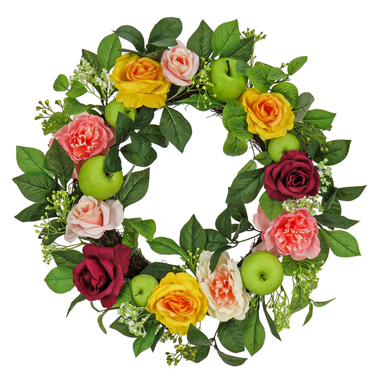 Clearance 22 in. Spring Wreath with Rose and Peony Blooms, Apples, Leafy Greens Wreaths