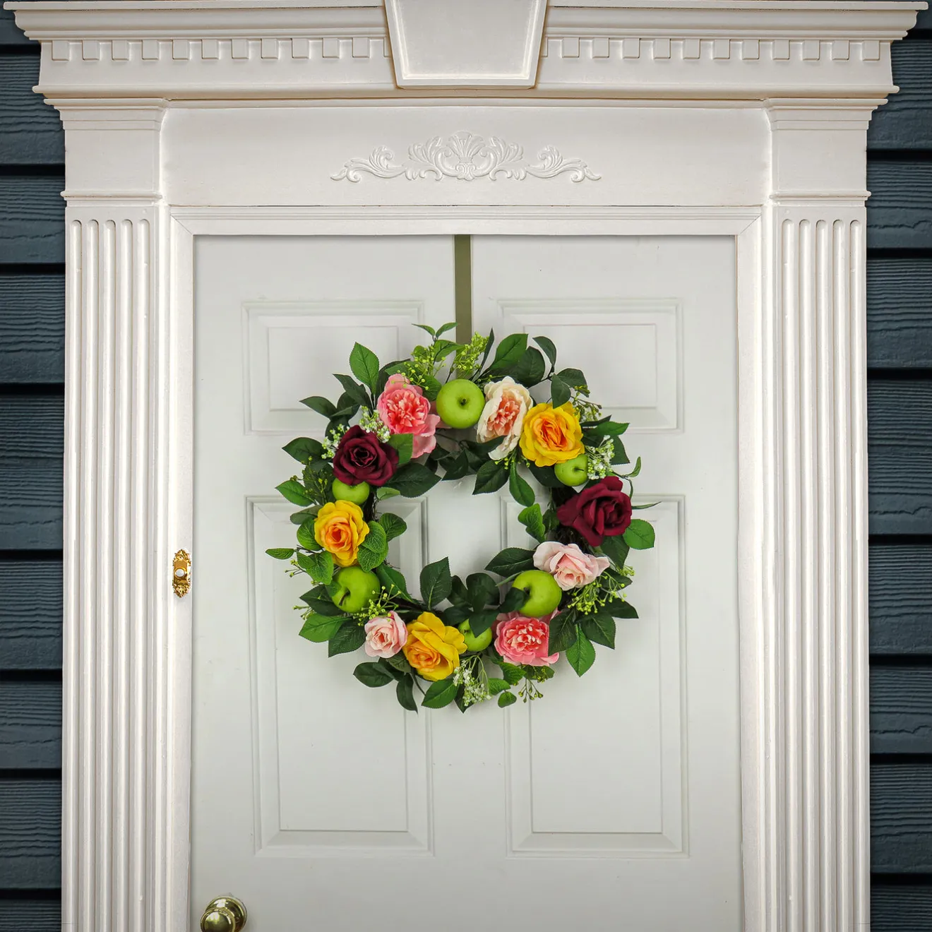 Clearance 22 in. Spring Wreath with Rose and Peony Blooms, Apples, Leafy Greens Wreaths