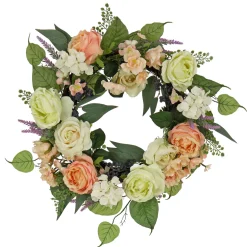Hot 24 in. Spring Wreath with Rose and Peony Flower Blooms, Leafy Greens Wreaths