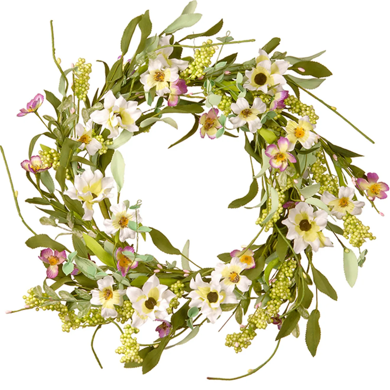 20 in. Spring Wreath with White and Purple Mixed Flower Blooms, Flowing Green Stems, Seed Pods Wreaths