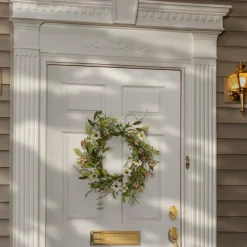 20 in. Spring Wreath with White and Purple Mixed Flower Blooms, Flowing Green Stems, Seed Pods Wreaths