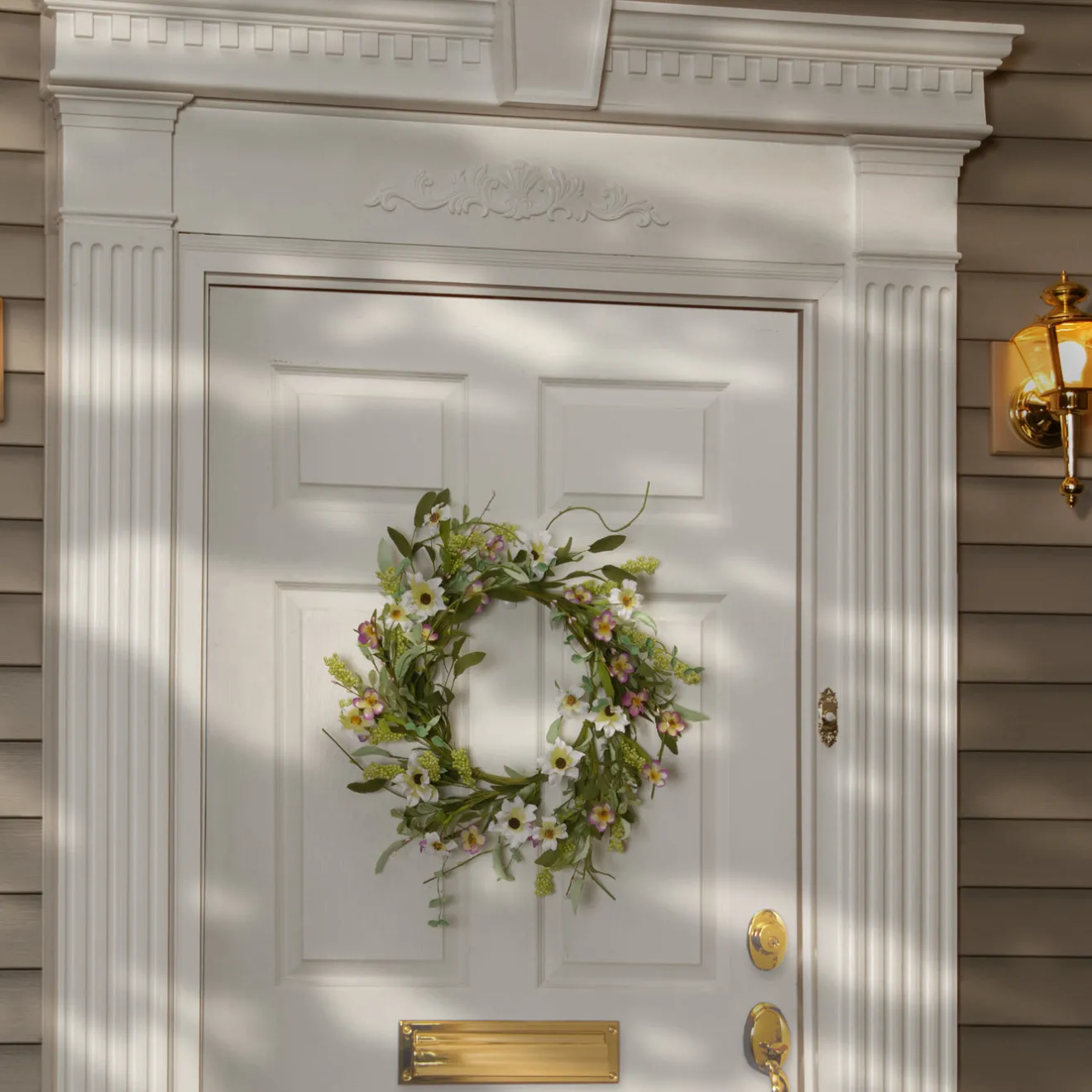 20 in. Spring Wreath with White and Purple Mixed Flower Blooms, Flowing Green Stems, Seed Pods Wreaths
