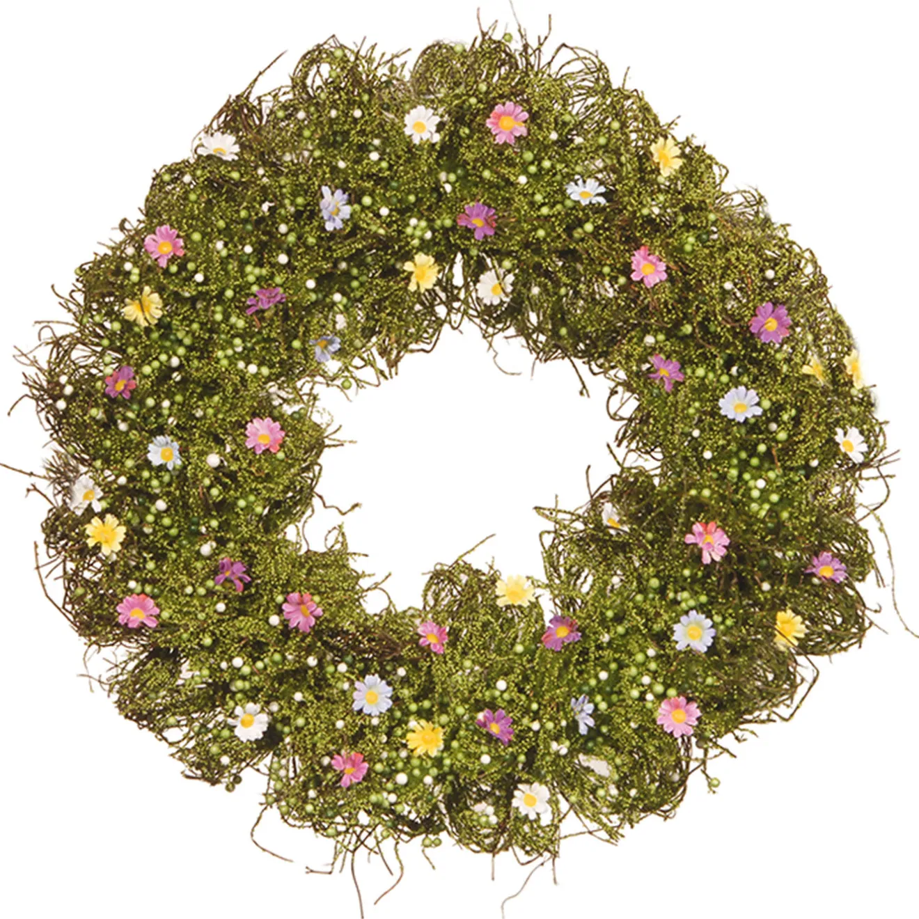 Hot 19 in. Spring Wreath with Yellow, White, Pink and Blue Flower Blooms, Green Ivy, Berries Wreaths