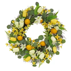 Best 22 in. Spring Wreath with Yellow Tulip Blooms, Lemons, and Forsythia Flower Blossoms Wreaths