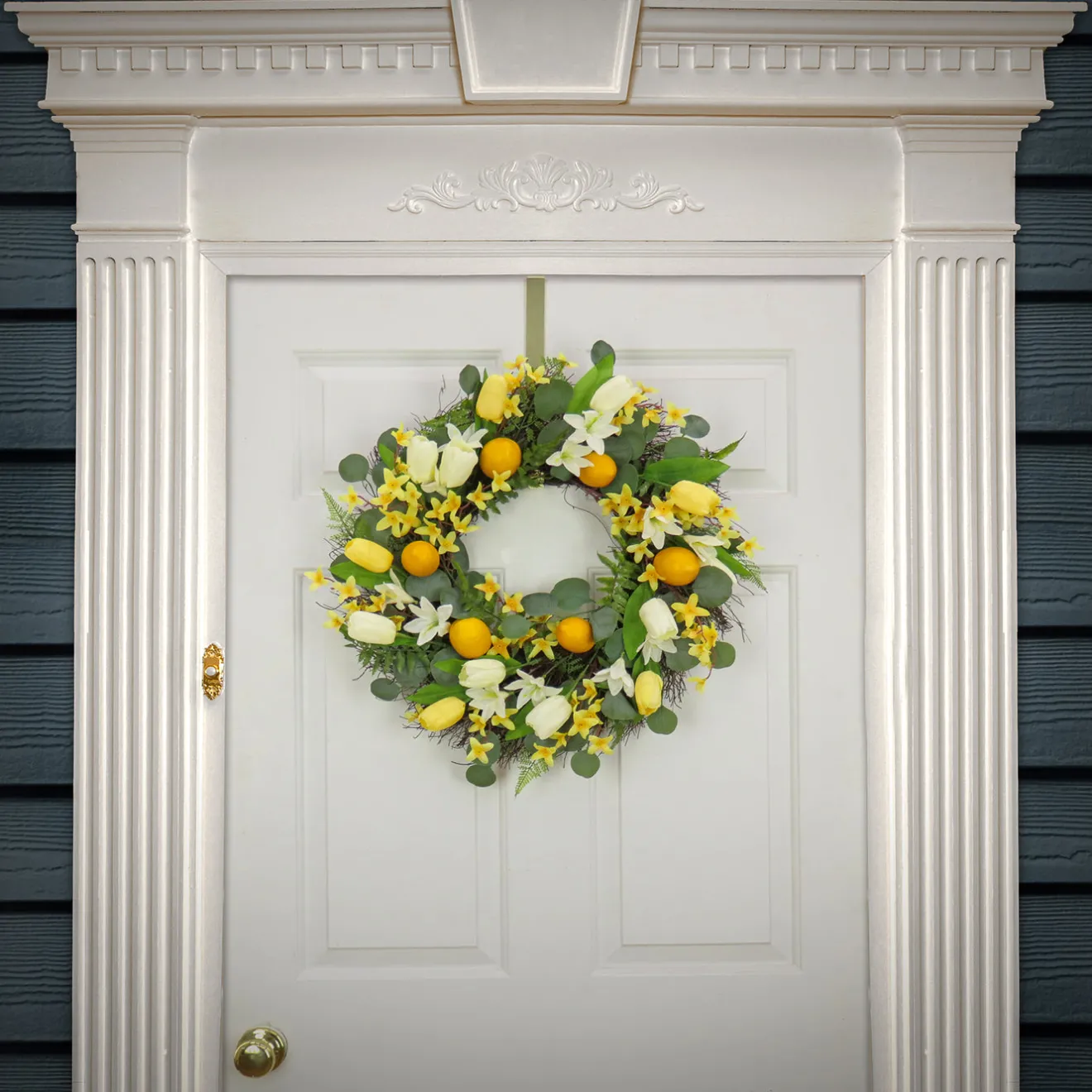 Best 22 in. Spring Wreath with Yellow Tulip Blooms, Lemons, and Forsythia Flower Blossoms Wreaths