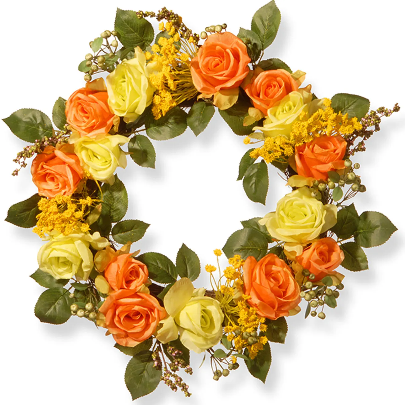Clearance 20 in. Spring Wreath with Yellow and Orange Rose Blooms, Seed Pods, Berry Clusters, Leafy Greens Wreaths