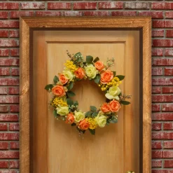 Clearance 20 in. Spring Wreath with Yellow and Orange Rose Blooms, Seed Pods, Berry Clusters, Leafy Greens Wreaths