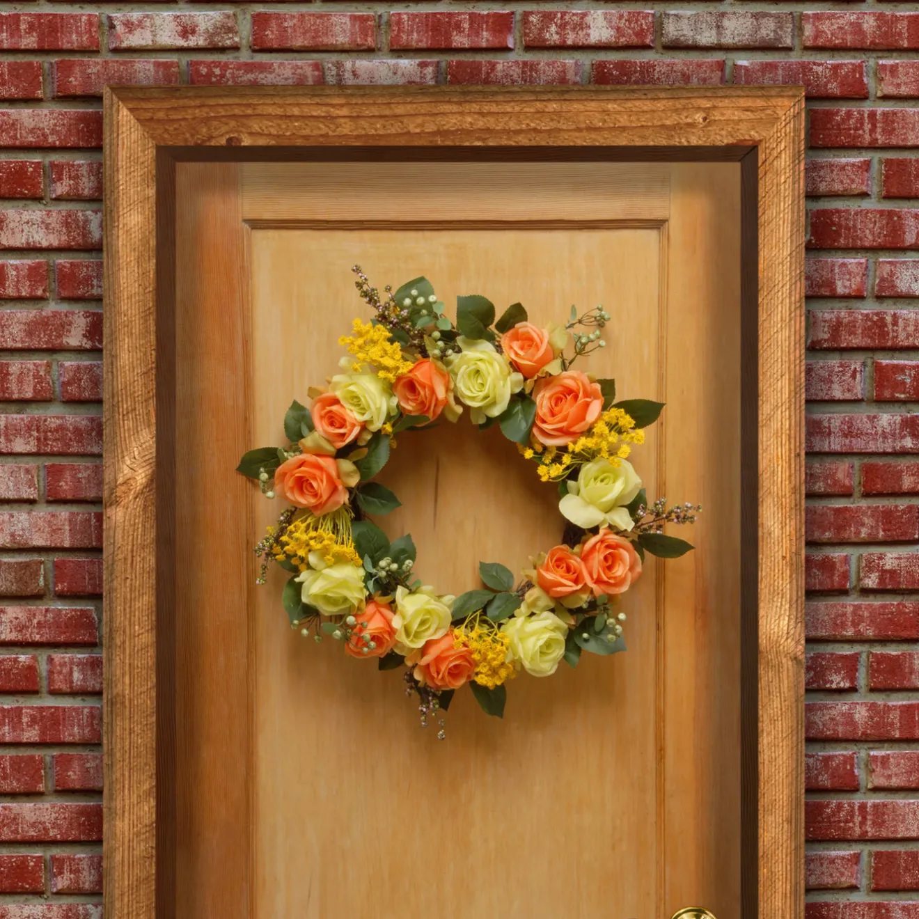 Clearance 20 in. Spring Wreath with Yellow and Orange Rose Blooms, Seed Pods, Berry Clusters, Leafy Greens Wreaths