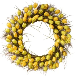 Hot 32 in. Spring Wreath with Yellow Tulip Blooms, Flowing Green Stems Wreaths