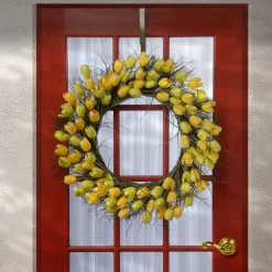 Hot 32 in. Spring Wreath with Yellow Tulip Blooms, Flowing Green Stems Wreaths