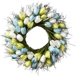 Hot 22 in. Spring Wreath with Yellow, Blue and White Tulips Wreaths
