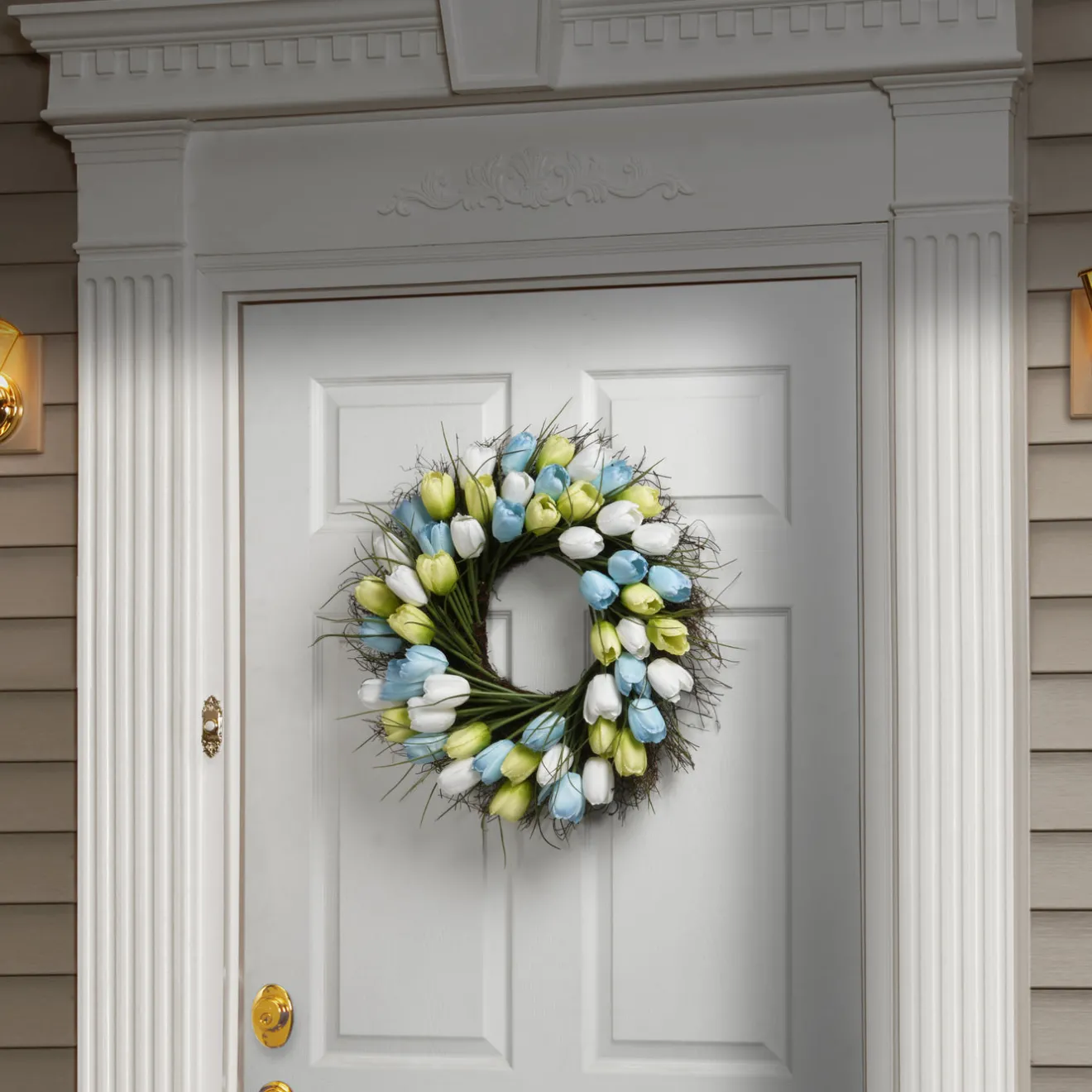 Hot 22 in. Spring Wreath with Yellow, Blue and White Tulips Wreaths