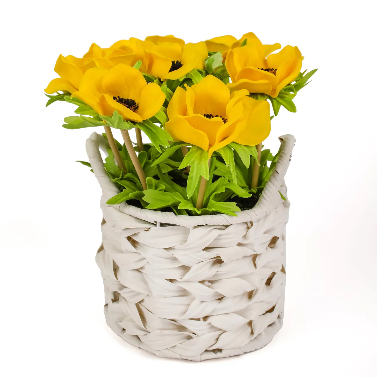 Best 10 in. Spring Yellow Anemone Flower Bouquet in White Basket Flower Arrangements
