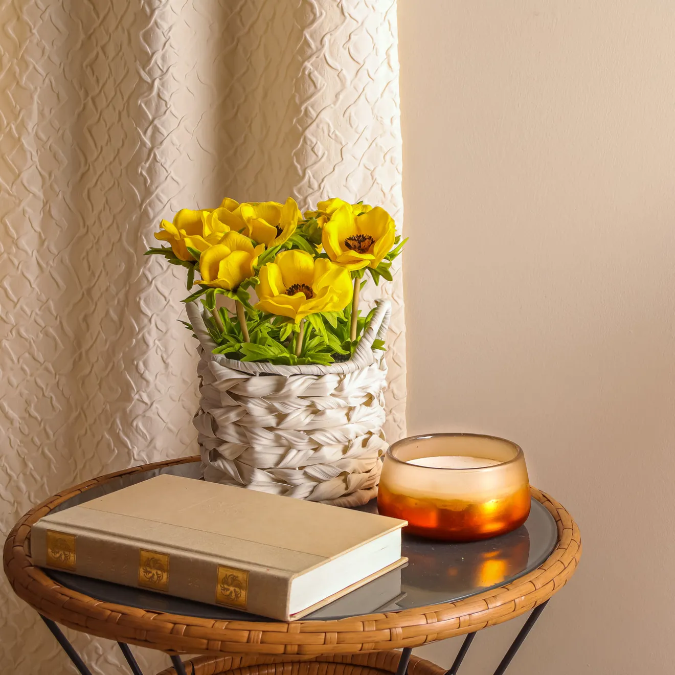 Best 10 in. Spring Yellow Anemone Flower Bouquet in White Basket Flower Arrangements
