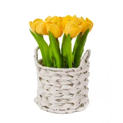 Online 10 in. Spring Yellow Tulip Bouquet in White Basket Flower Arrangements