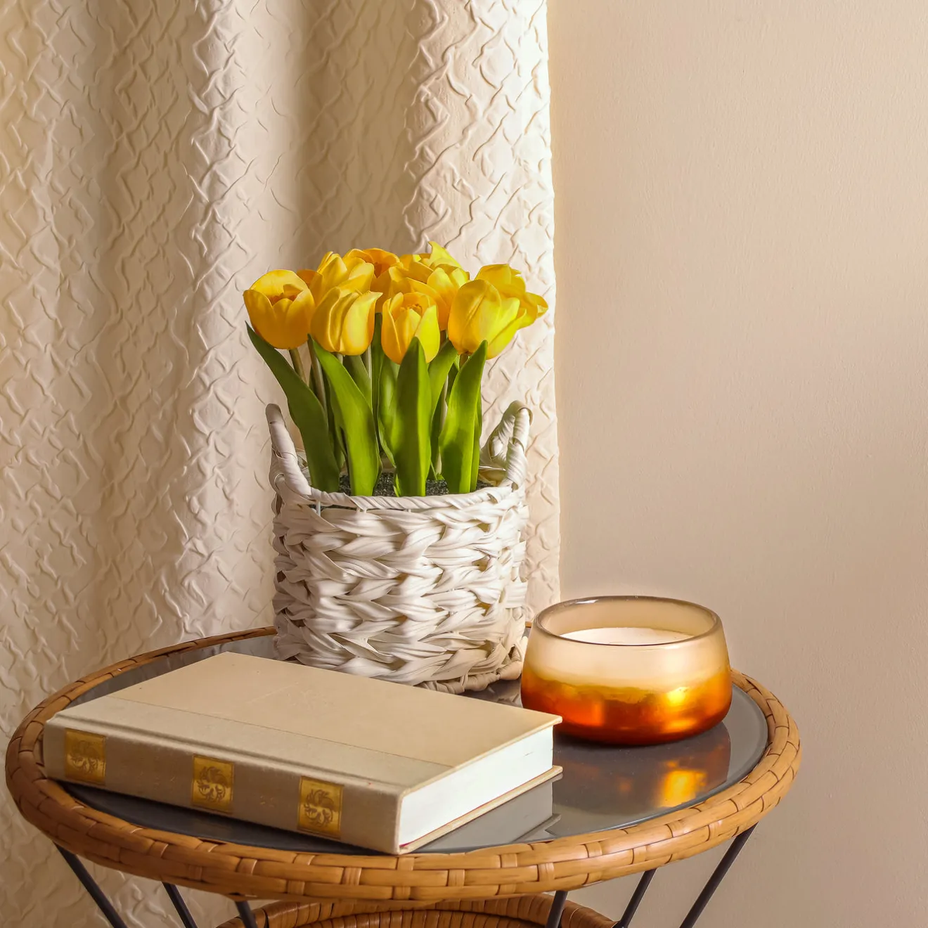Online 10 in. Spring Yellow Tulip Bouquet in White Basket Flower Arrangements