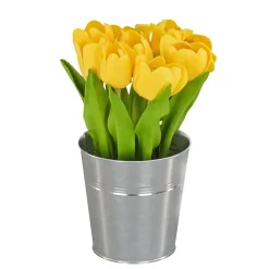 Discount 9 in. Spring Yellow Tulip Bouquet in Metal Pot Flower Arrangements