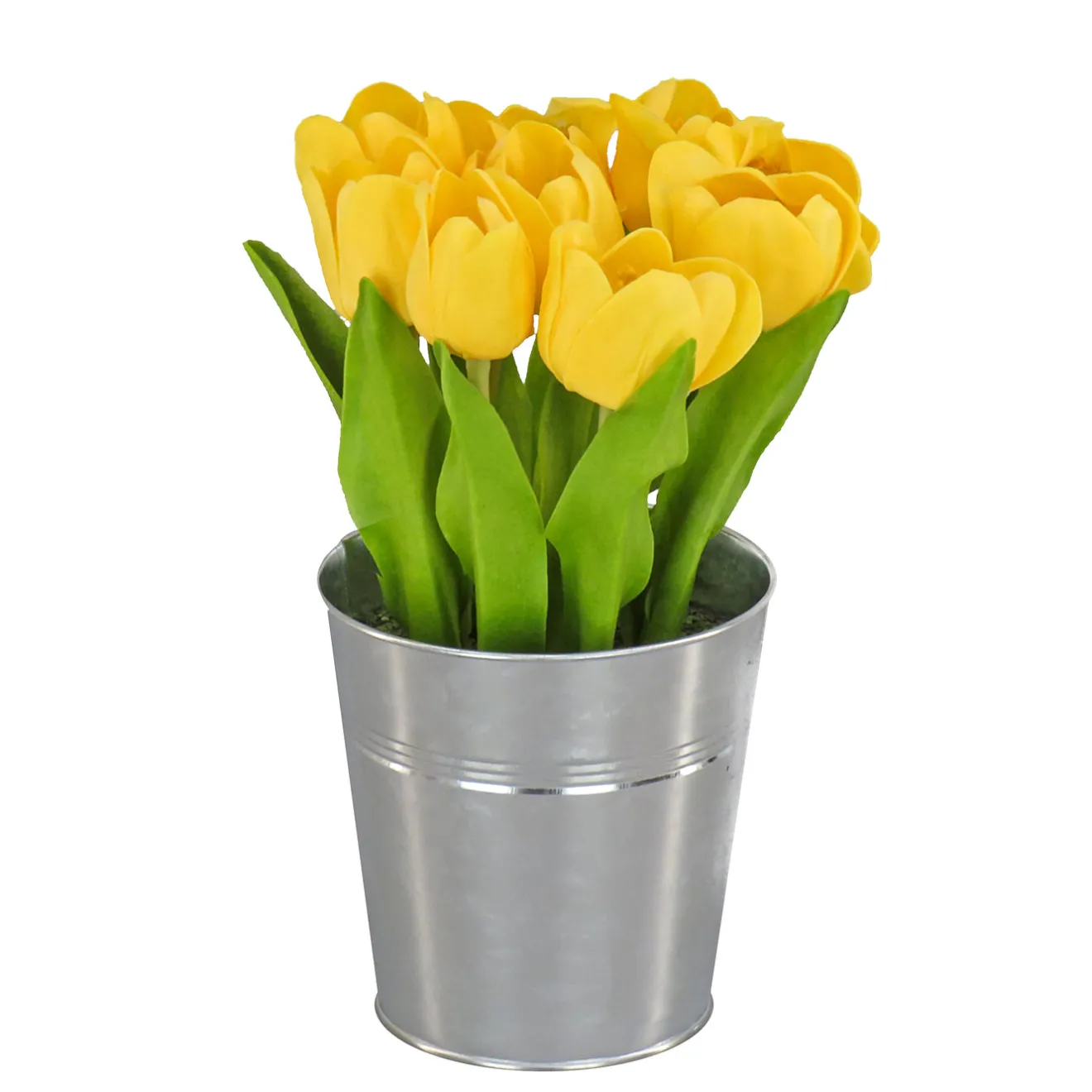 Discount 9 in. Spring Yellow Tulip Bouquet in Metal Pot Flower Arrangements