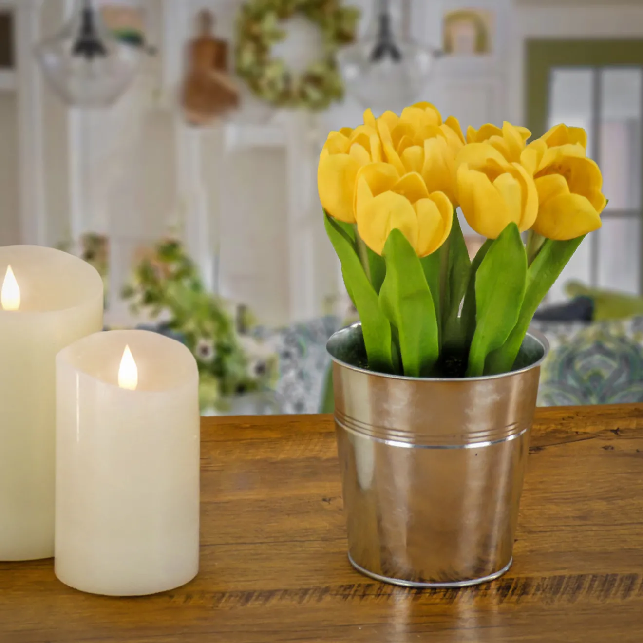 Discount 9 in. Spring Yellow Tulip Bouquet in Metal Pot Flower Arrangements
