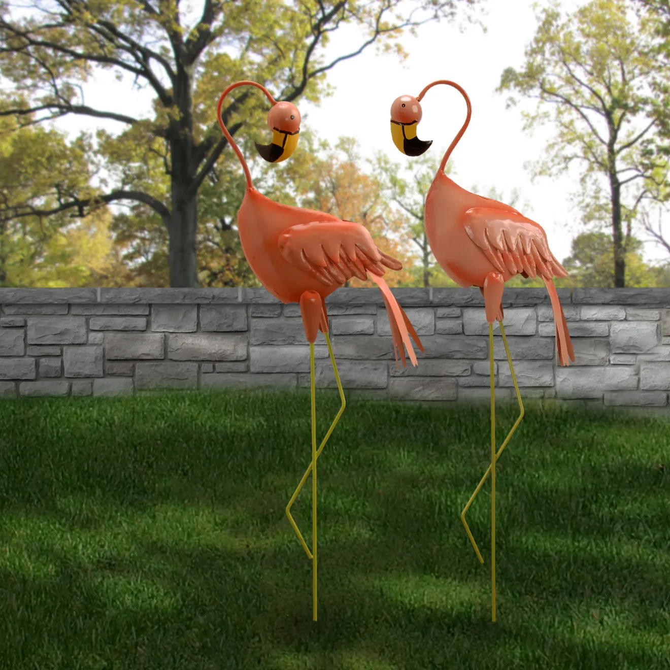 Outlet 33 in. Standing Peach Flamingo Metal Lawn Decoration Outdoor Decor