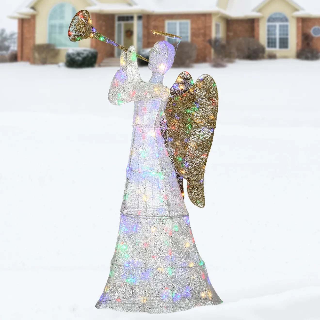 Outlet 60 in. Trumpeting White Angel with Multicolor LED Lights Yard Decorations
