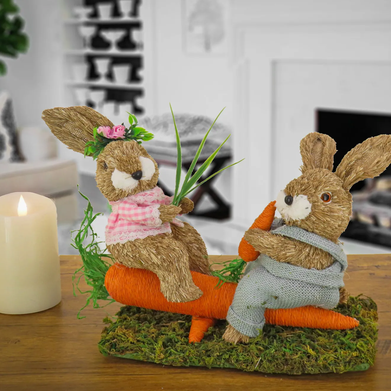 Sale 14 in. Two Bunnies on Carrot Seesaw Table Decoration Table Decorations