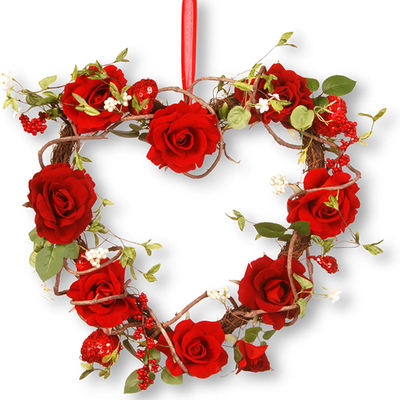 20 in. Valentine's Floral Heart Red Roses Wreath Wreaths